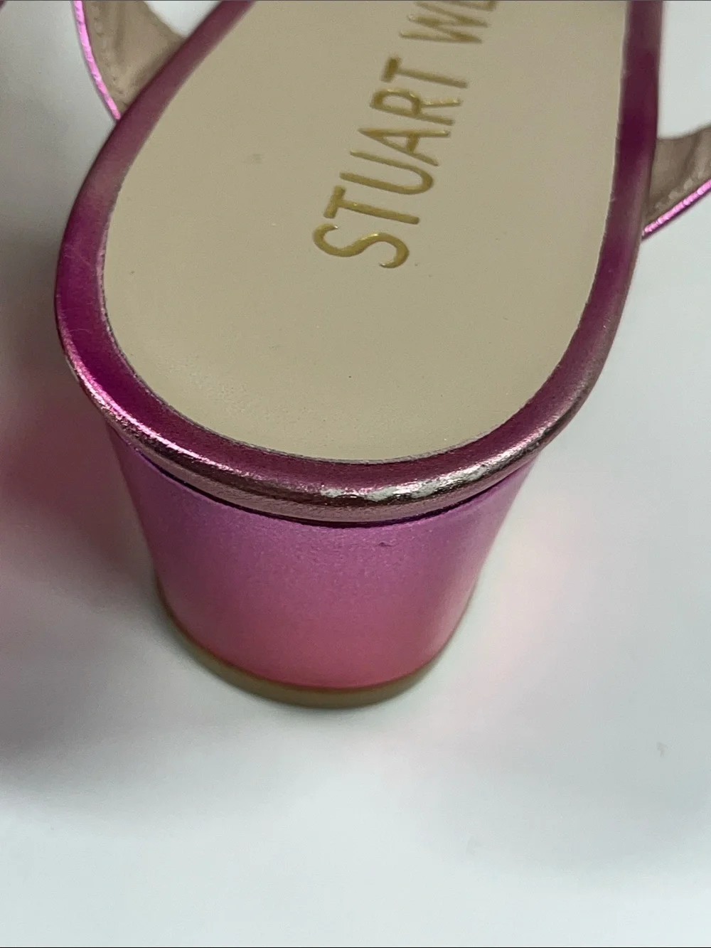 New Stuart Weitzman Aleena Leather Slide Heel Sandals in Metallic Pink Size 7